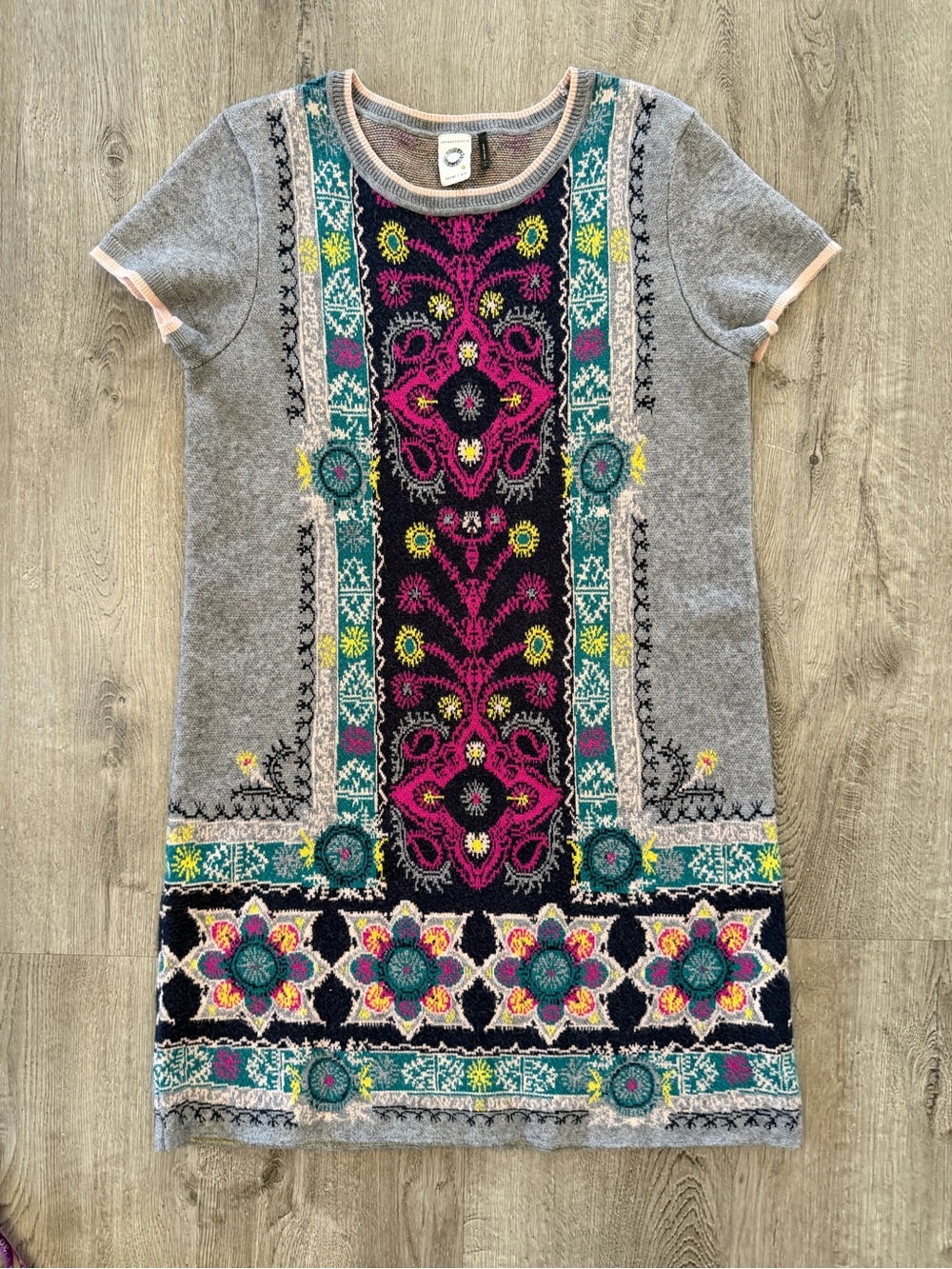 Anthropologie Akemi + Kin Kaleidoscope Sweater Boho Fair Isle Knit Gray Pink
